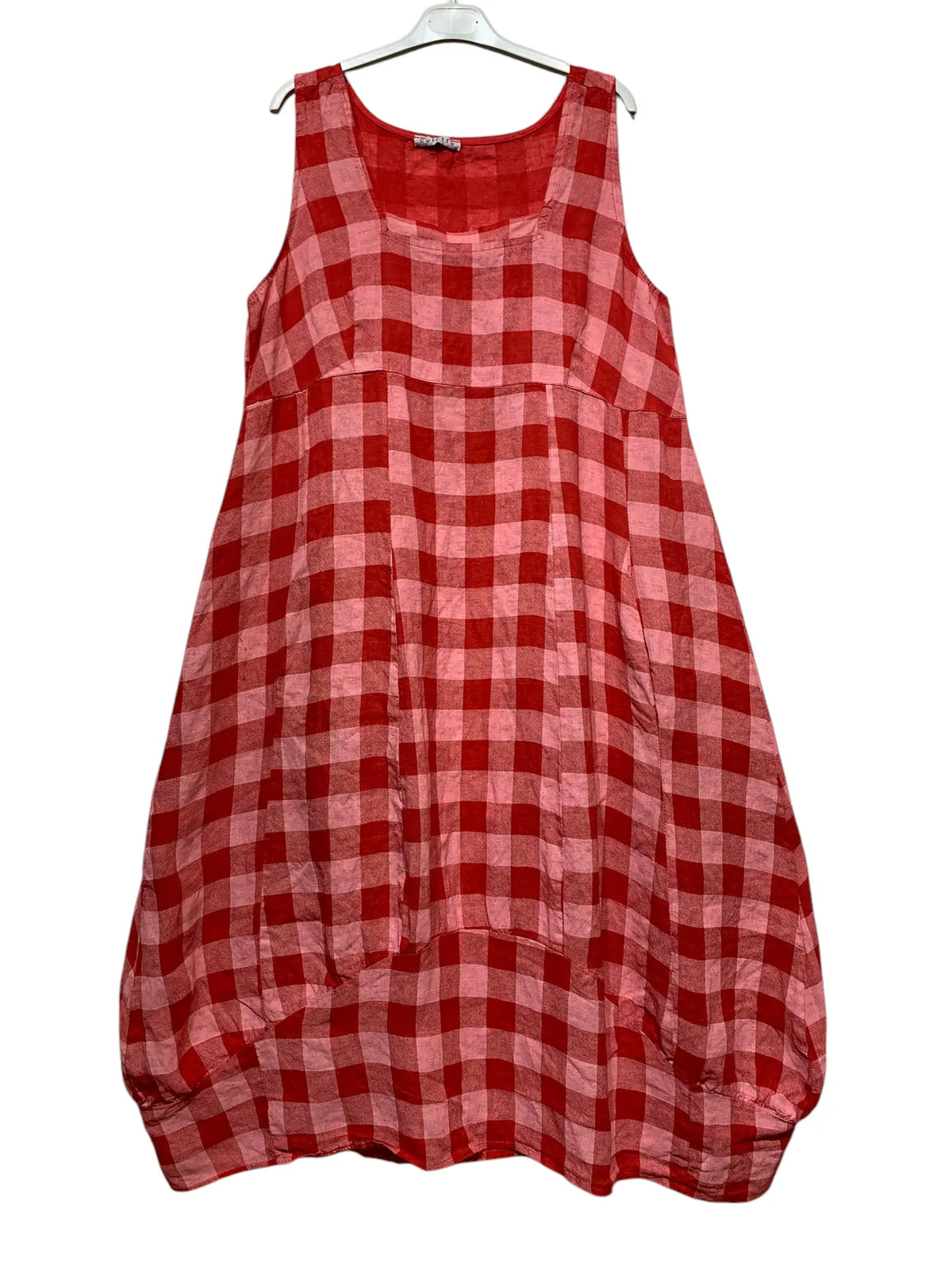 Square Neck Linen Dress - Red Check