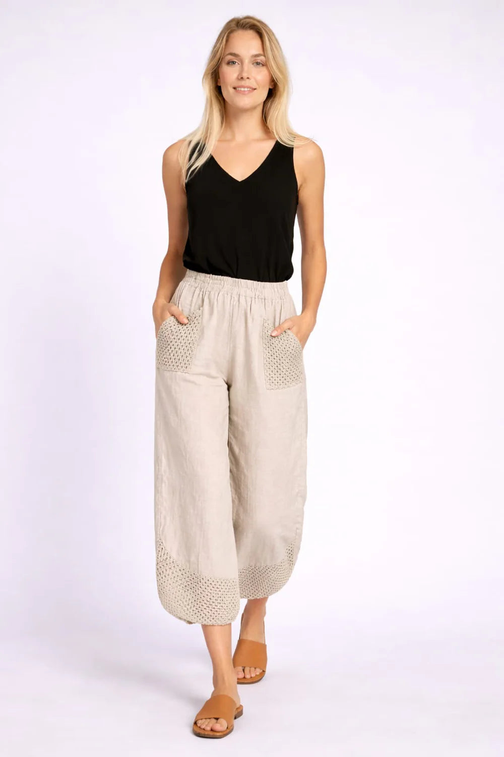 Eyelet Hem Pants - Beige