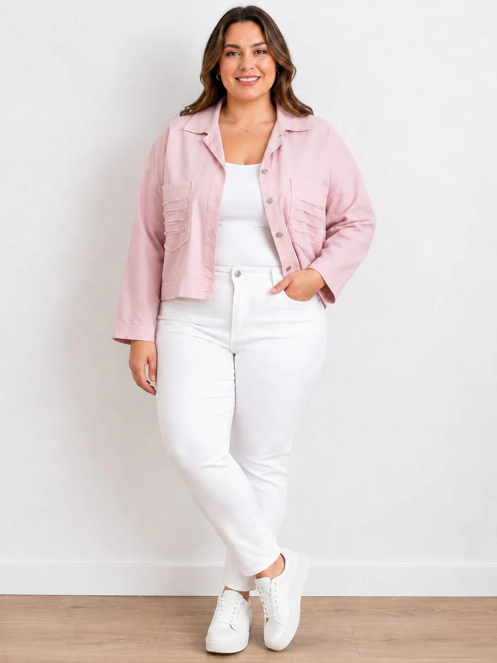 Frayed Pocket Twill Jacket - Pink