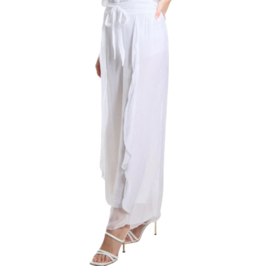 Italian Silk Ruffle Pants - White