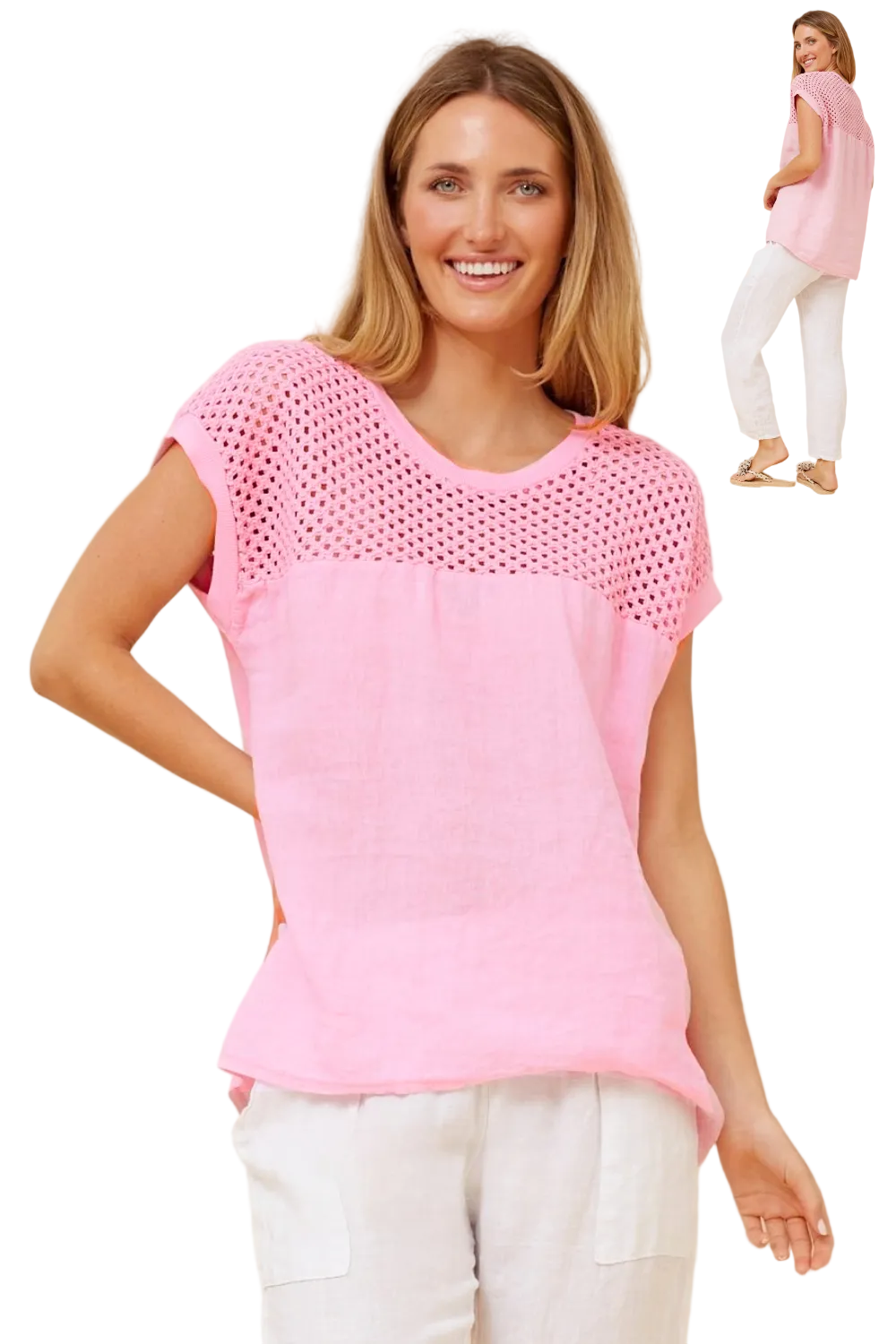 Linen Eyelet Top - Bright Pink