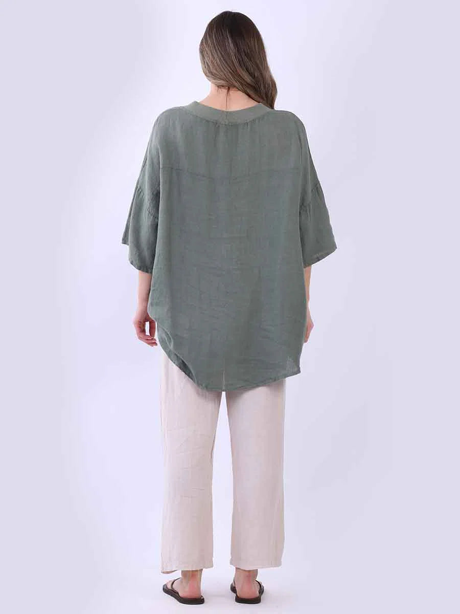 Ribbed Edge Linen Top - Khaki