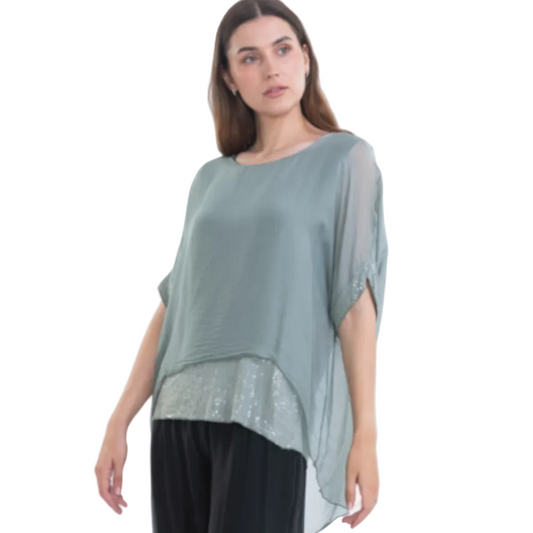 Sequin Silk Top - Sage