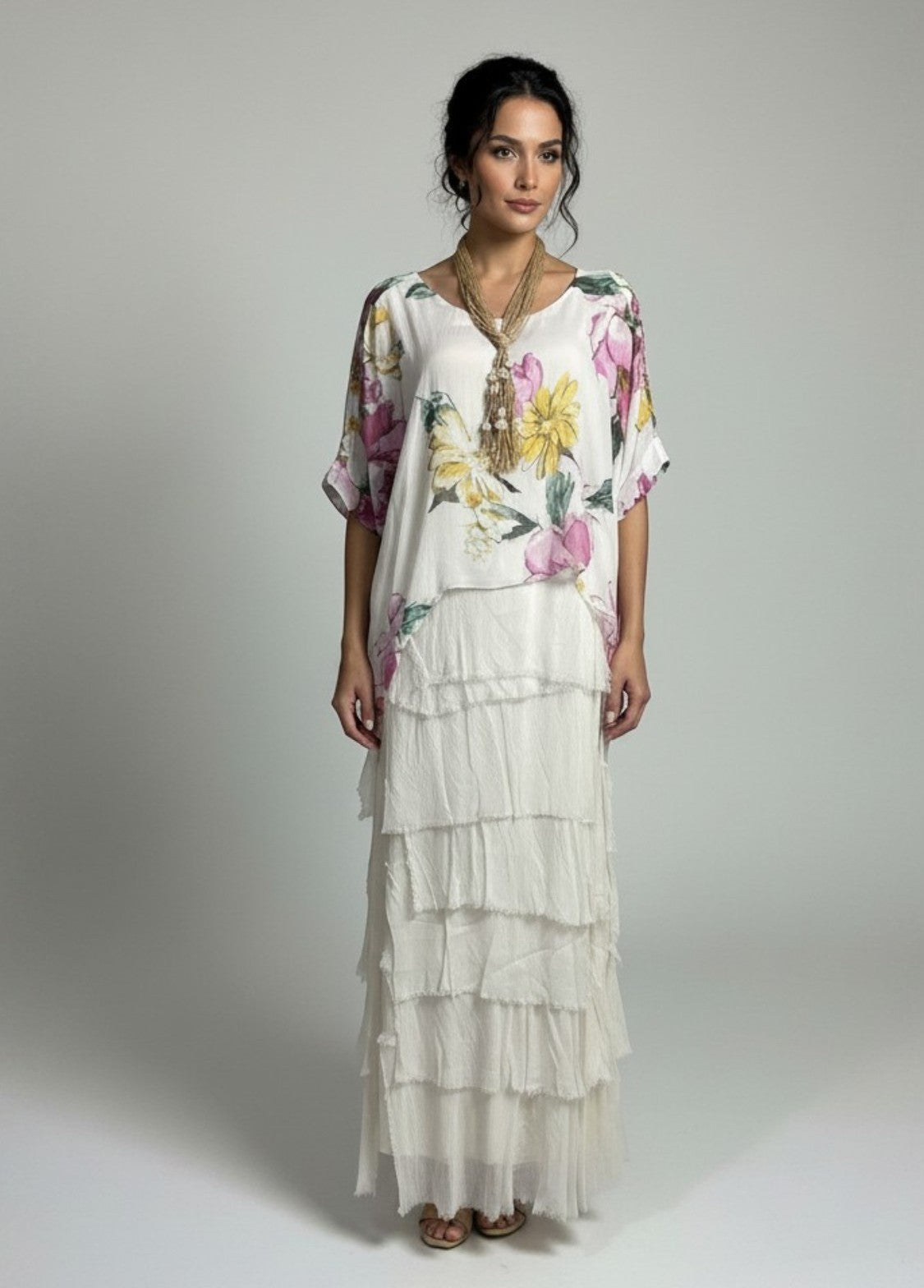Floral Tiered Dress - Beige