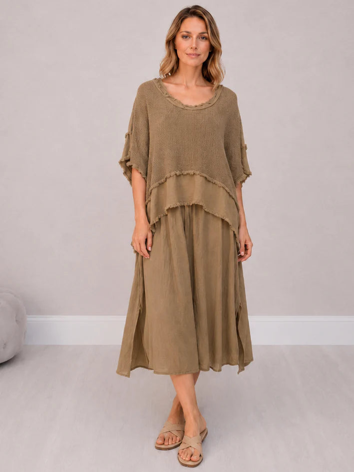 Layered Mesh Cotton Dress - Camel