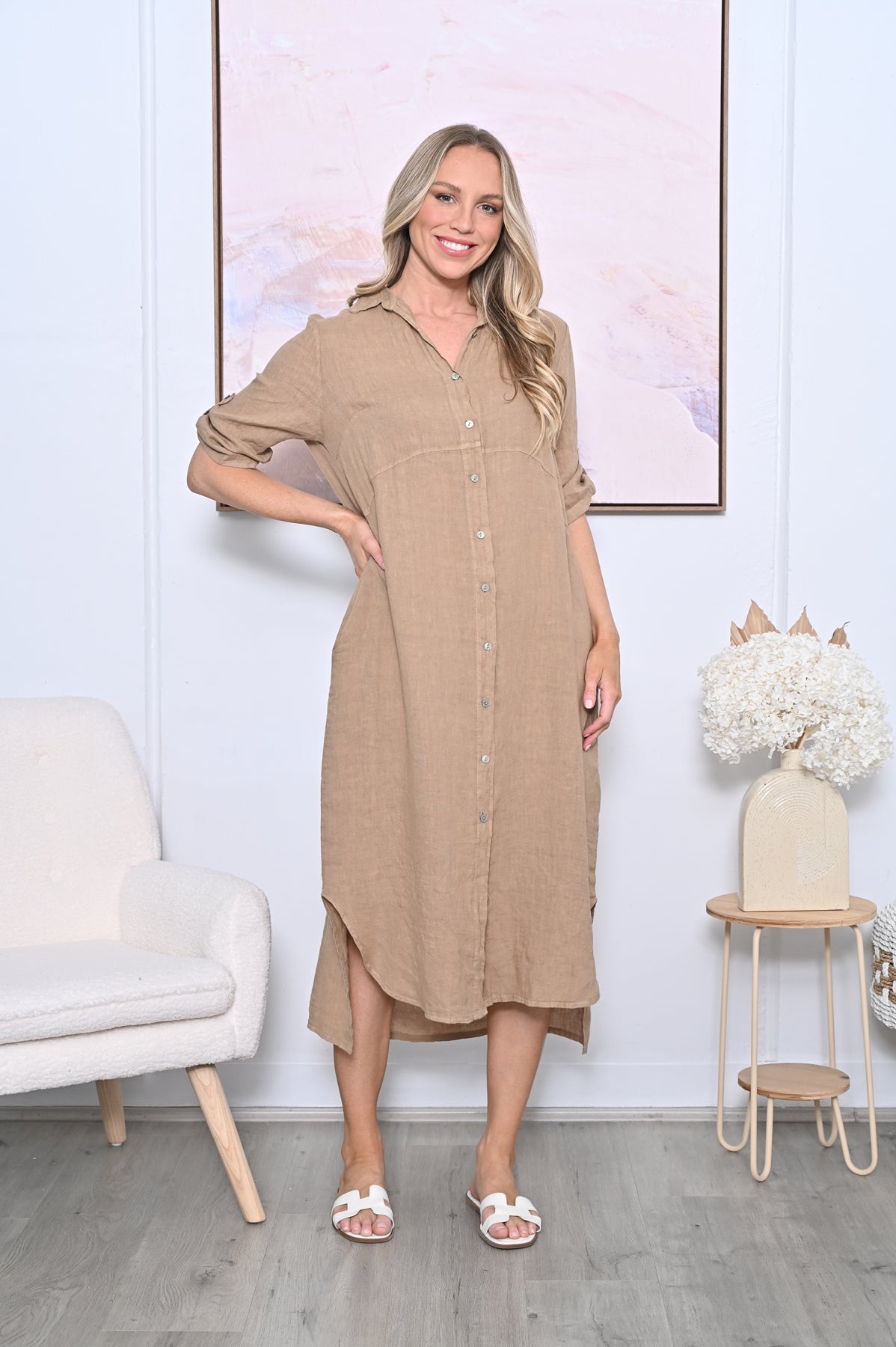 Linen Shirtmaker Dress - Camel