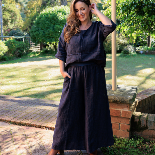 Wide Leg Linen Pants - Navy