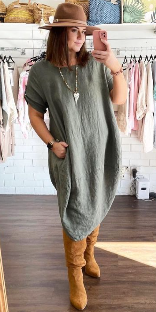 Round Hem Linen Dress - Khaki