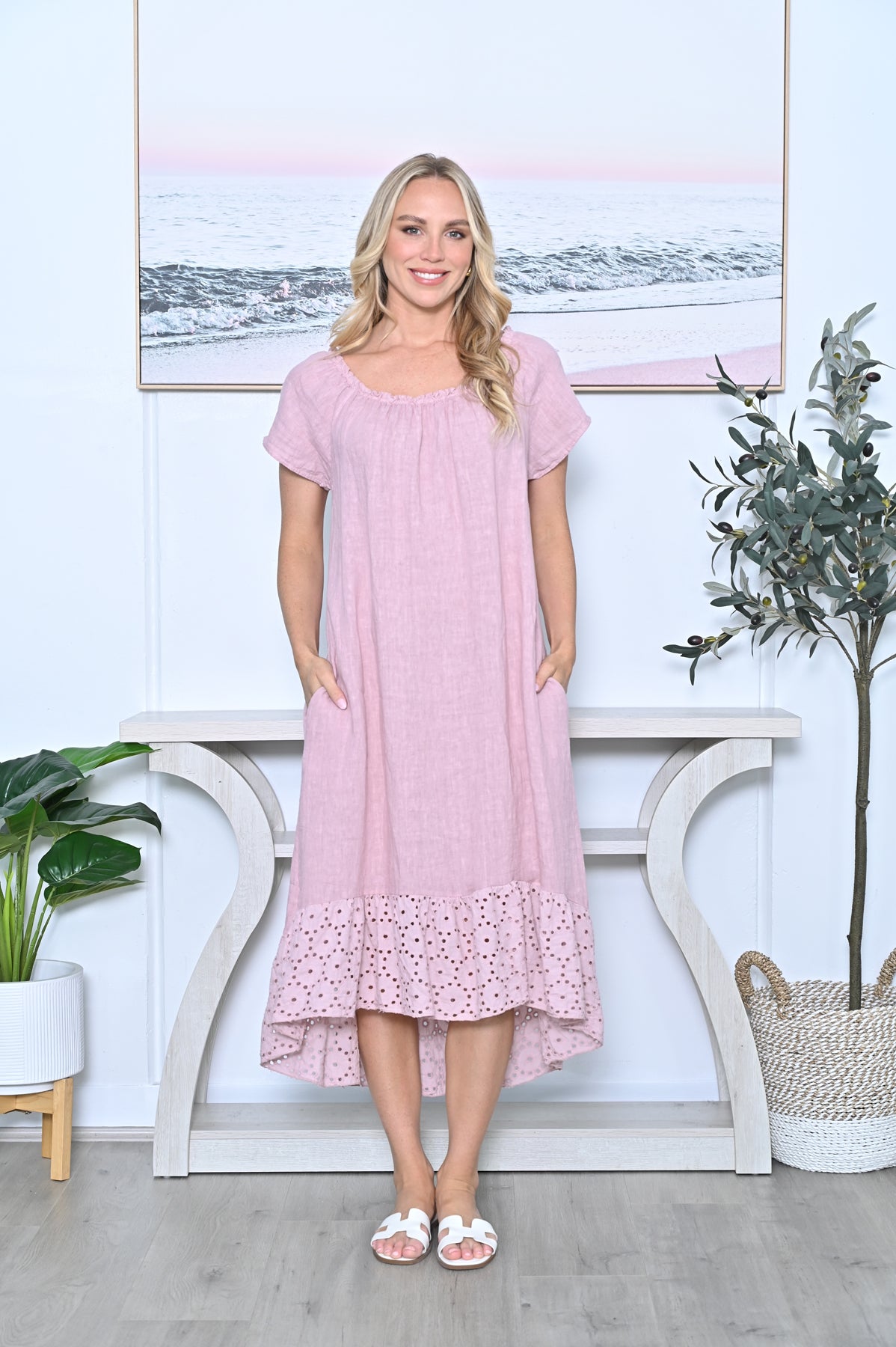 Broderie Hem Dress - Blush