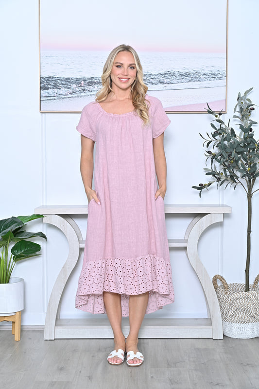 Broderie Hem Dress - Blush