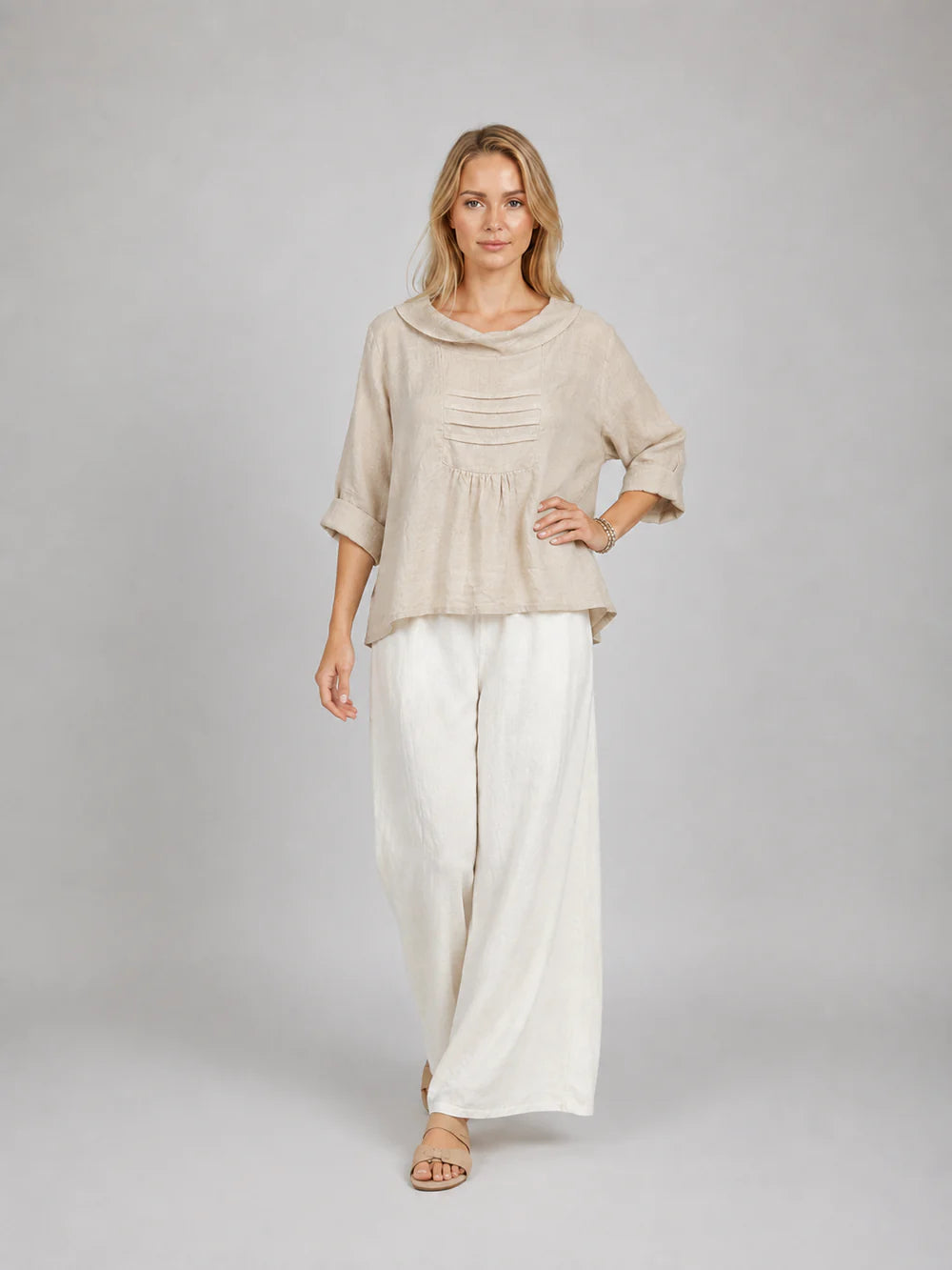 Pintuck Linen Top - Beige