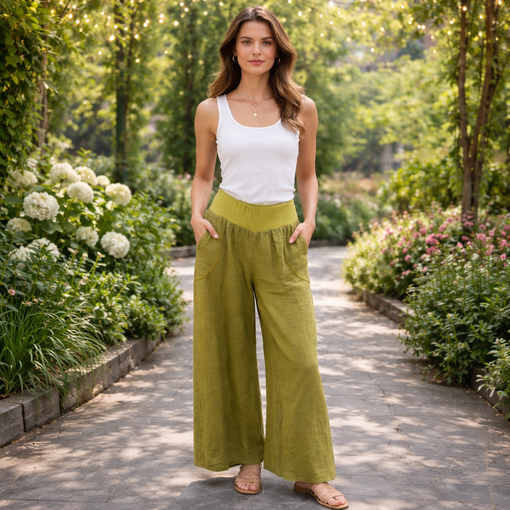 Wide Leg Linen Pants - Pistachio Green