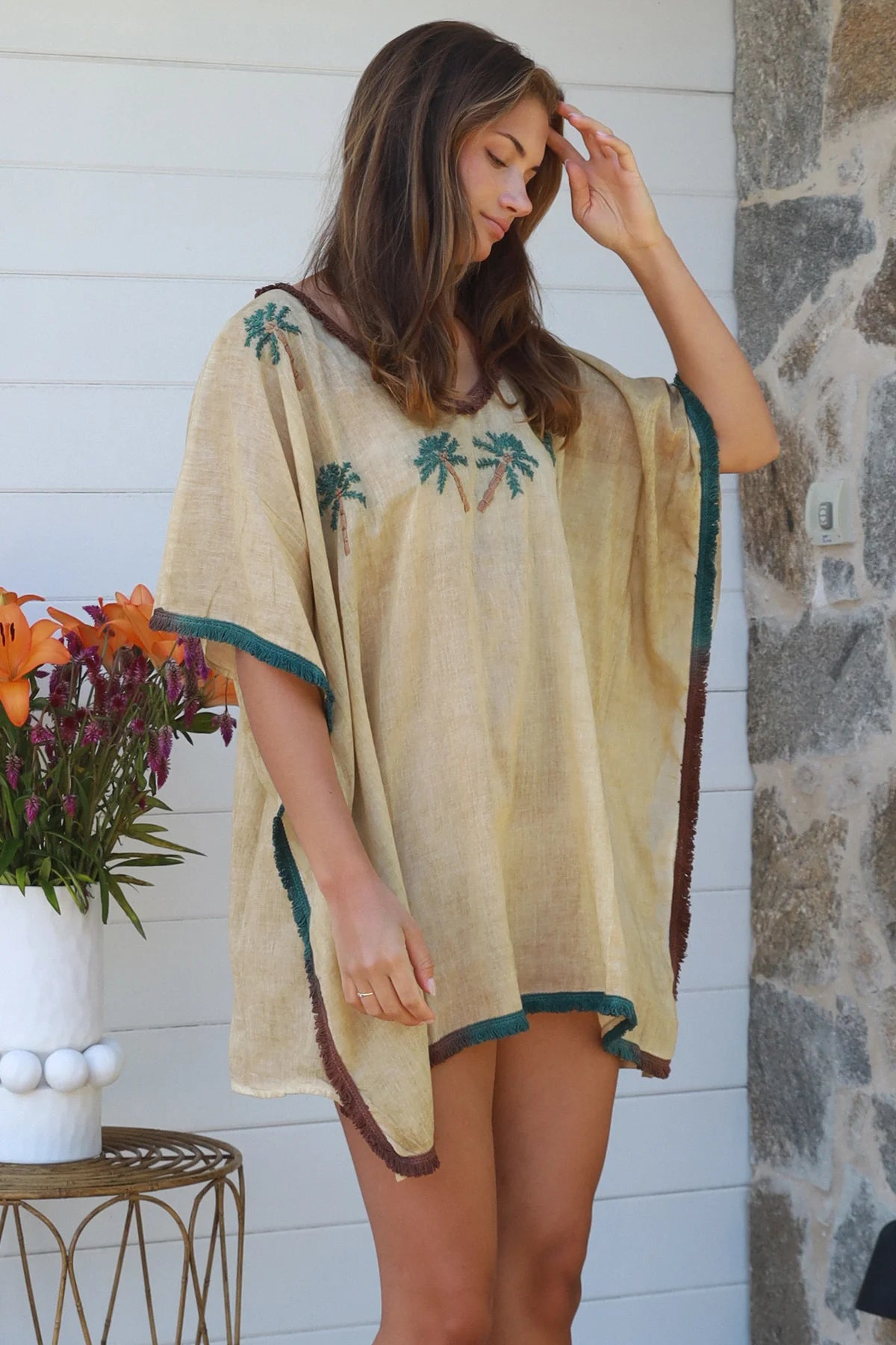 Cotton Kaftan Shirt - Green Palm