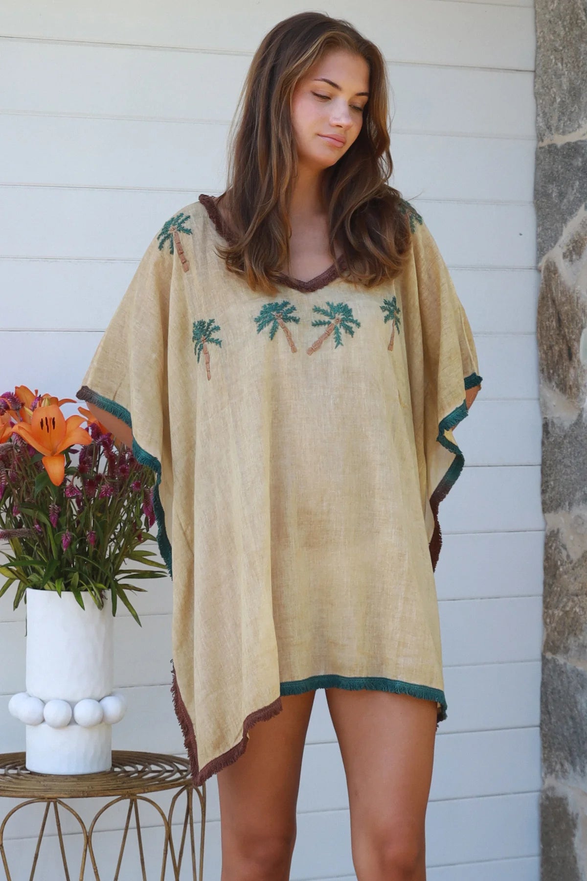 Cotton Kaftan Shirt - Green Palm