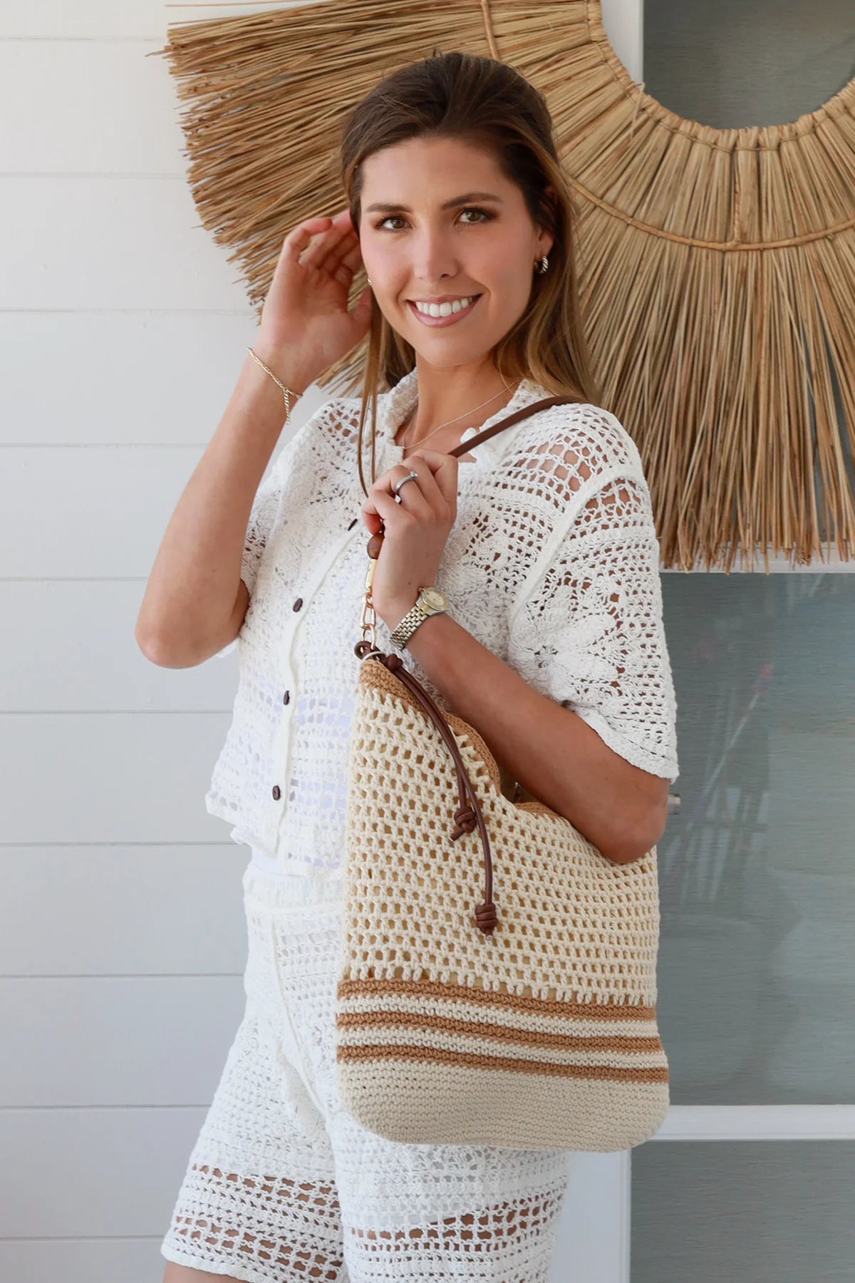 Straw Bag - Cream & Brown