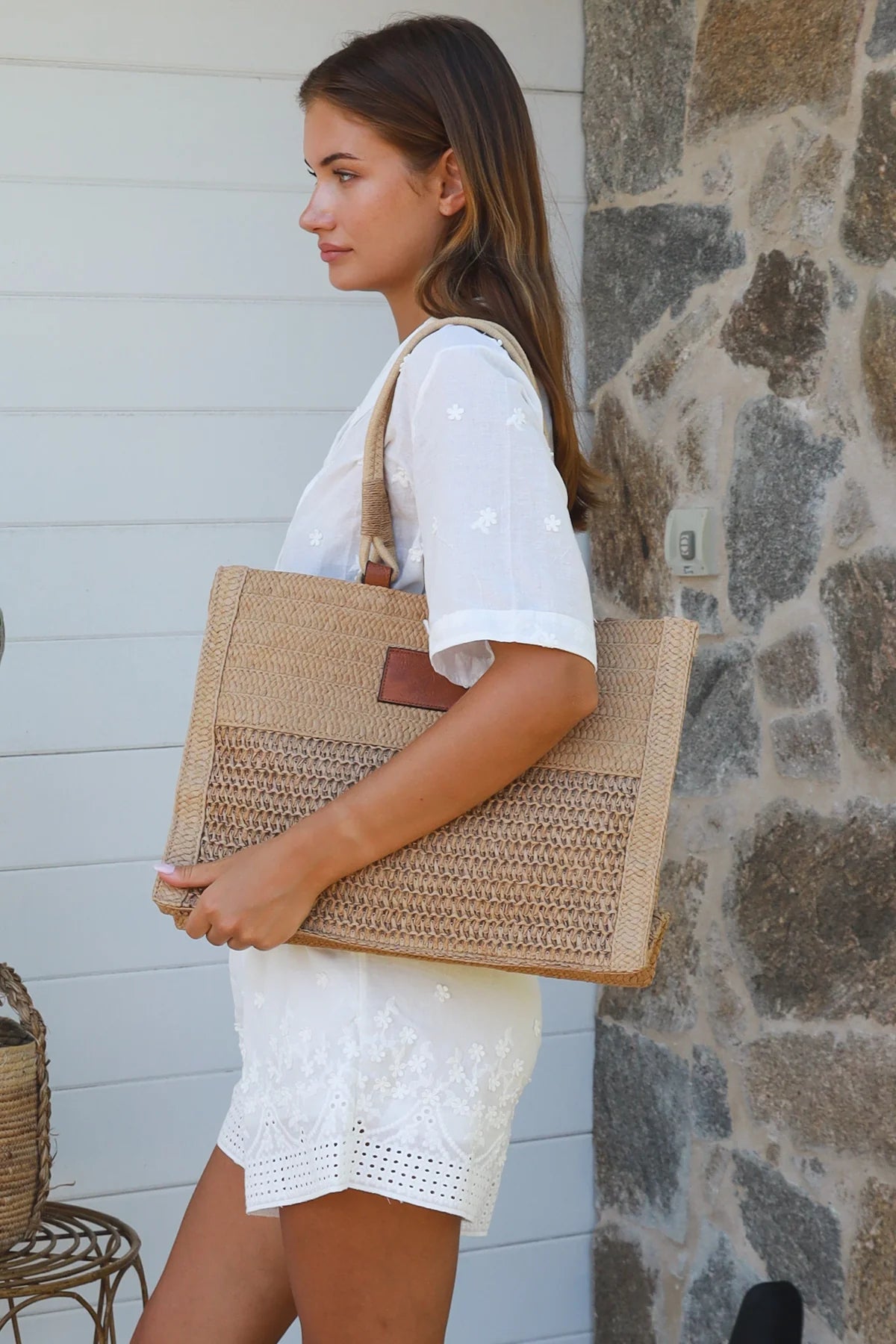 Tan Square Straw Bag