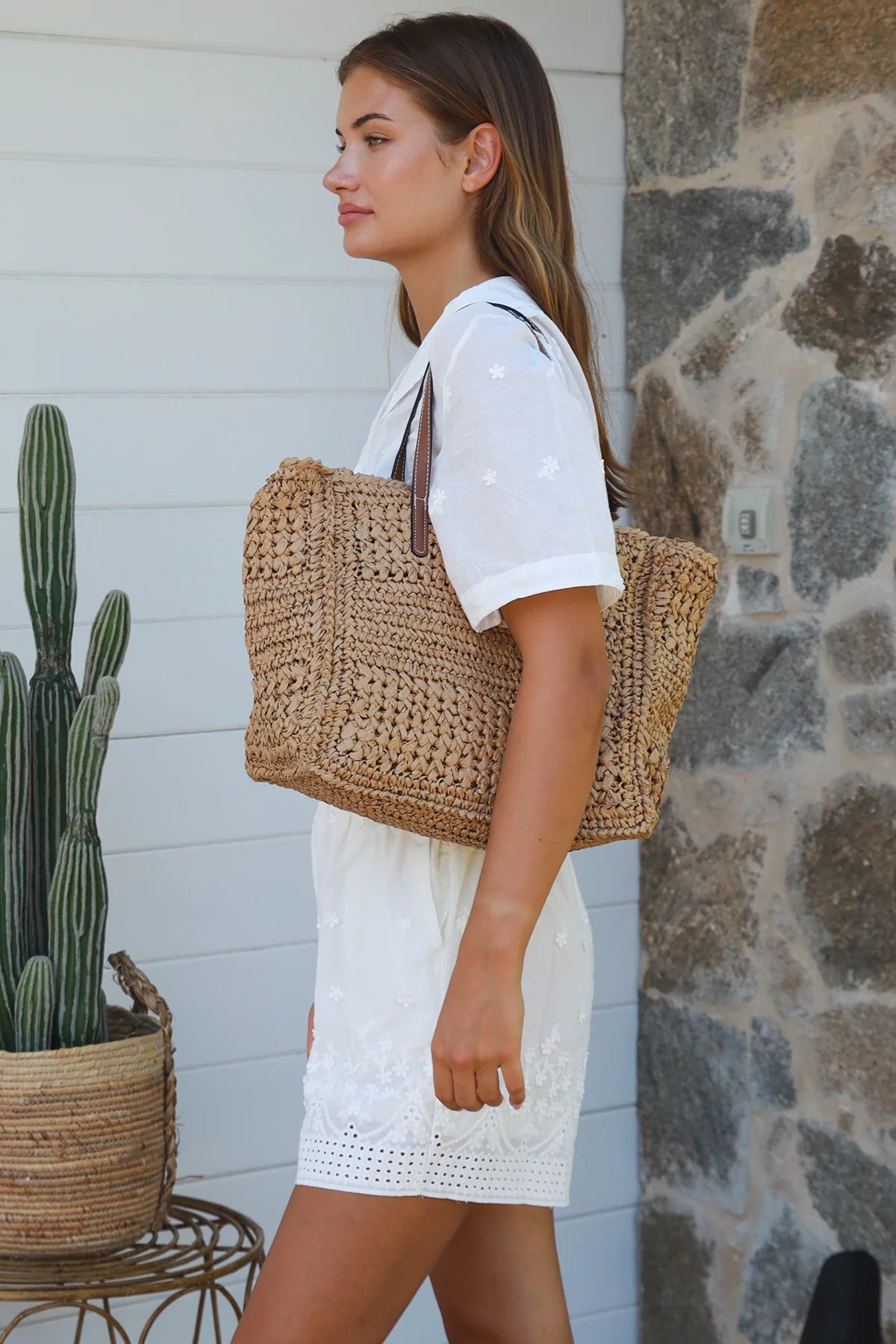 Tan Strap Straw Bag