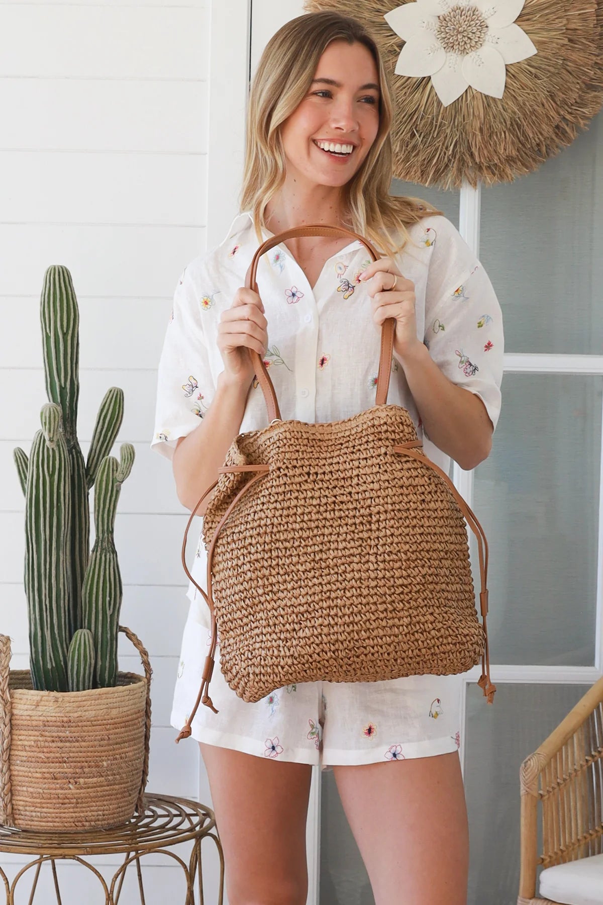 Drawstring Straw Bag