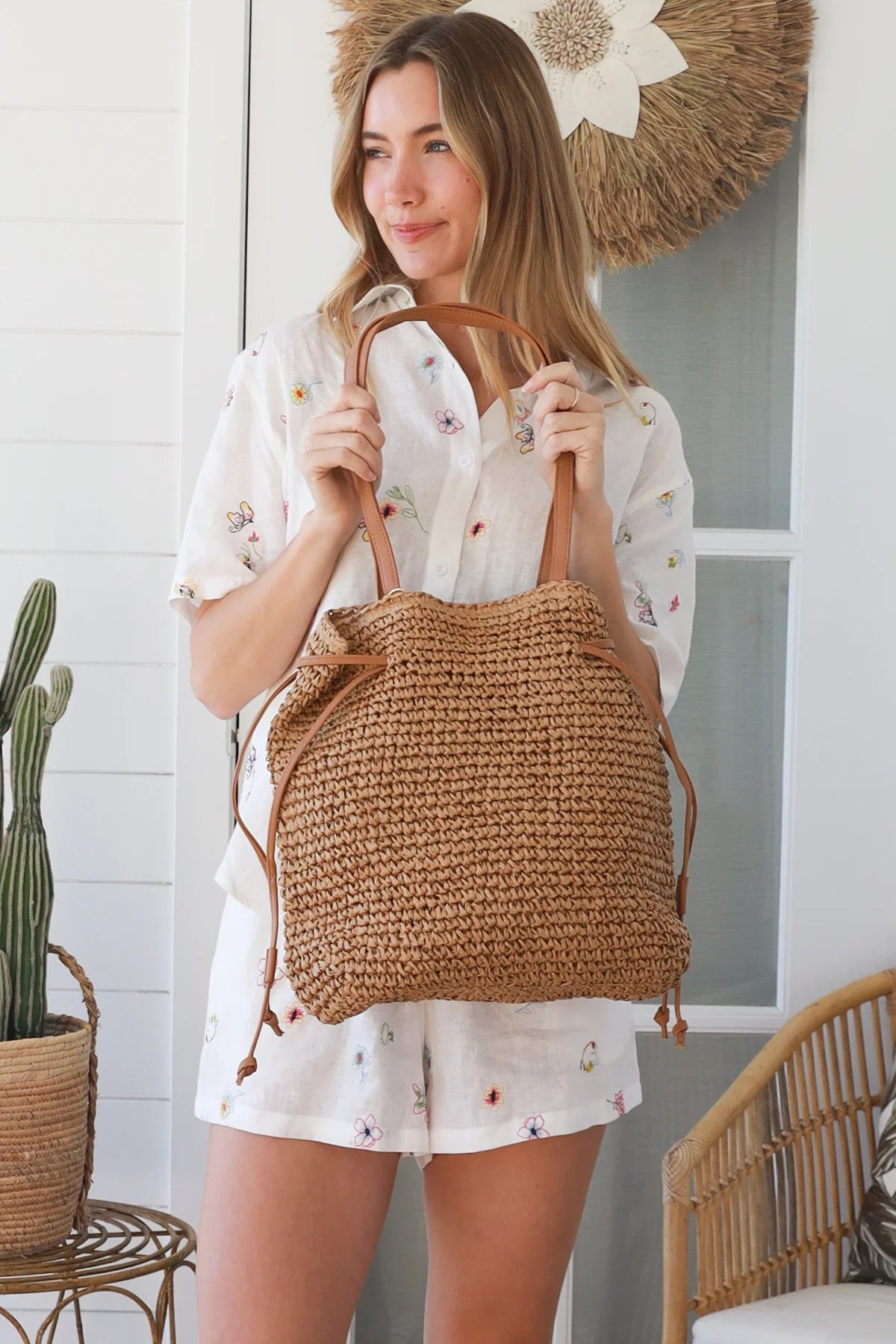 Drawstring Straw Bag
