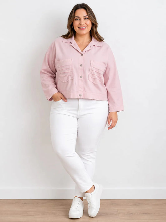 Frayed Pocket Twill Jacket - Pink