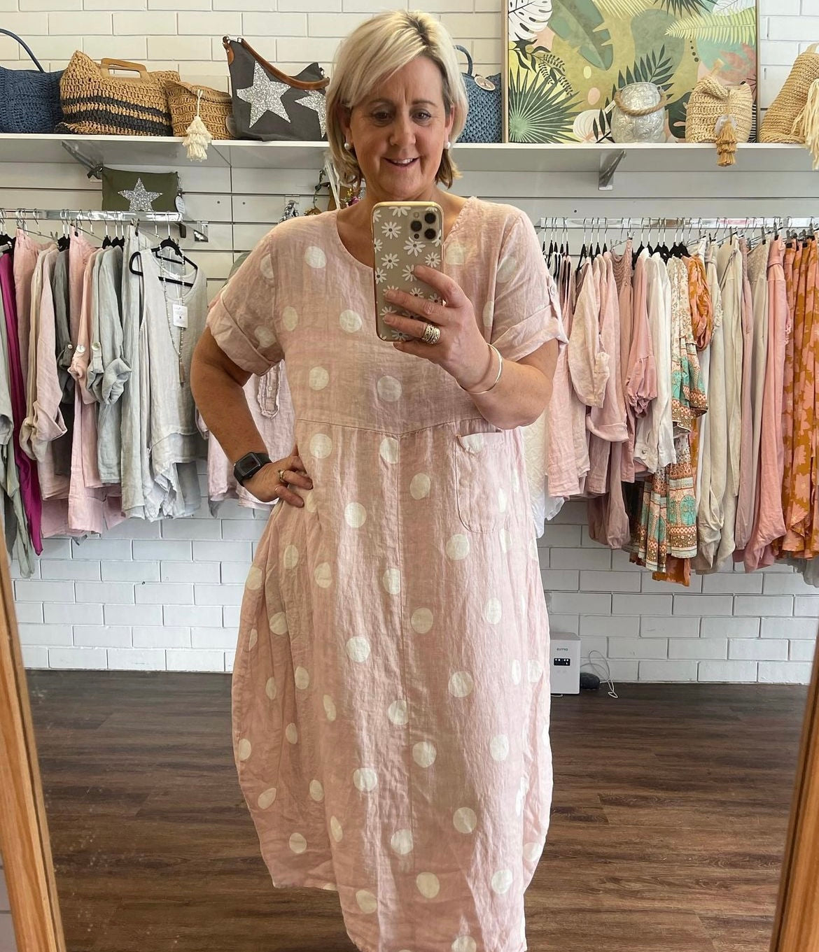 Linen Spot Dress - Pink