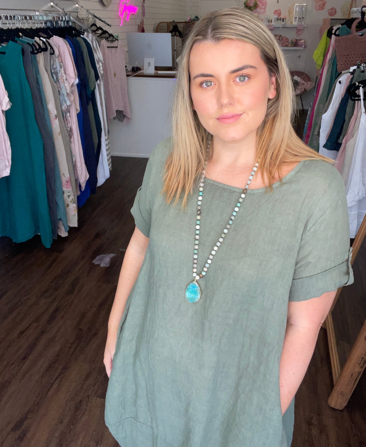Round Hem Linen Dress - Khaki