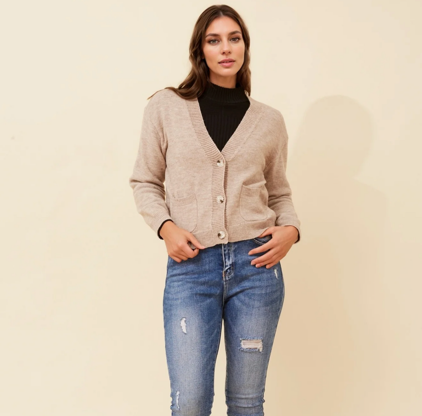 Cropped Pocket Cardigan - Latte