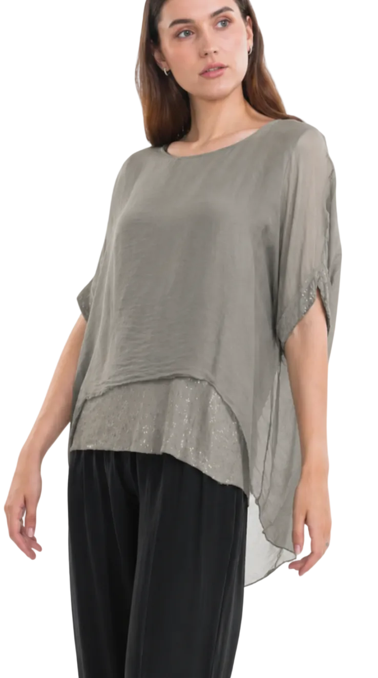 Sequin Silk Top - Soft Khaki