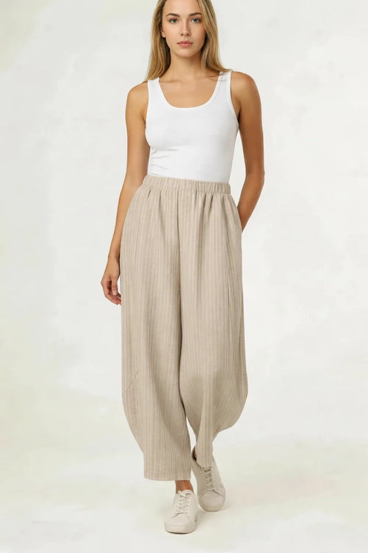 Striped Barrel Pants - Beige & White