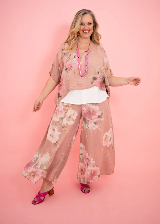 Floral Wide Leg Pants - Pink