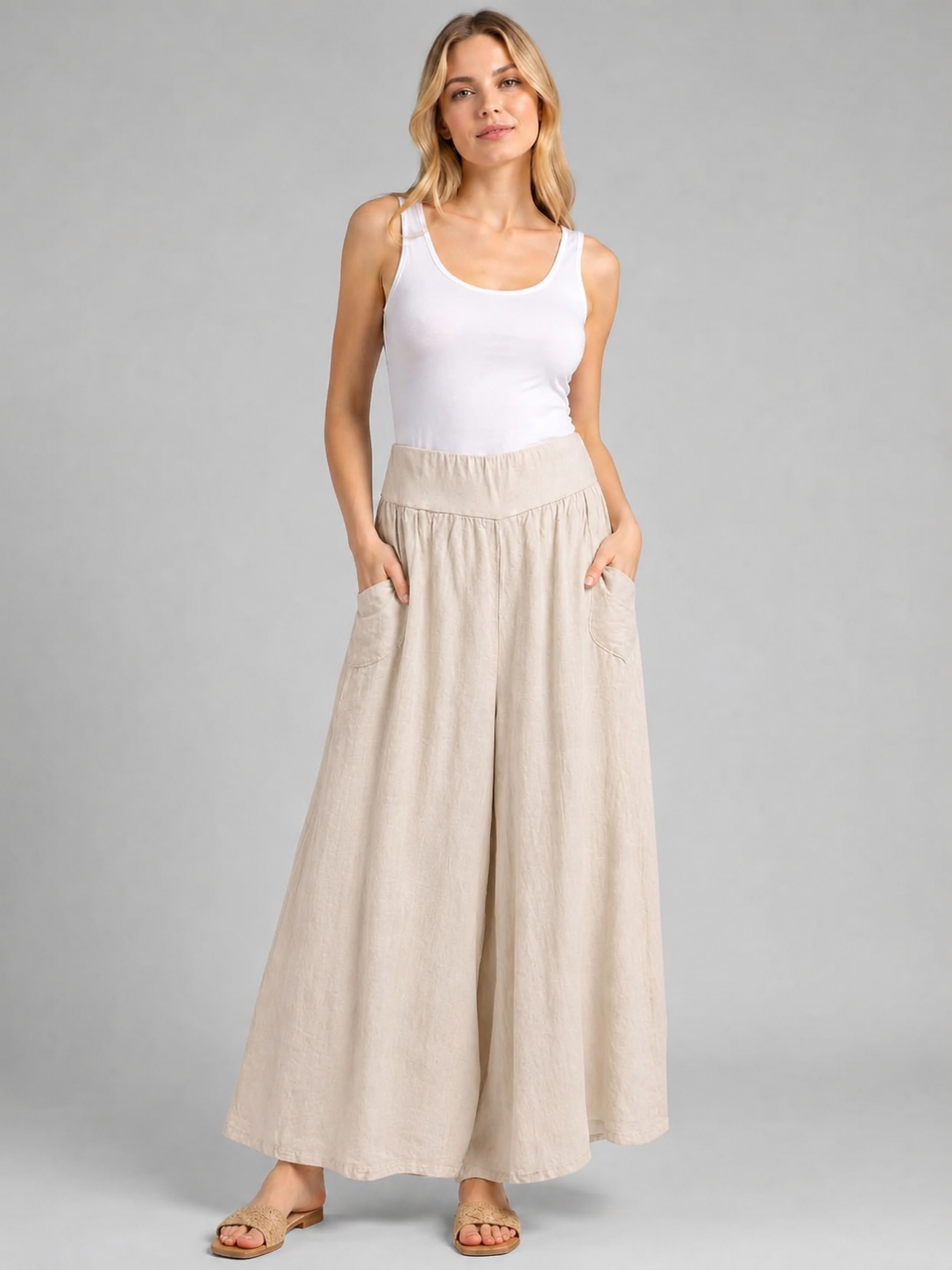 Palazzo Linen Pants - Beige