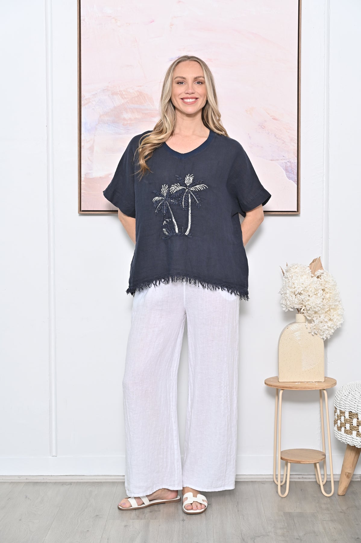 Palm Linen Top - Navy