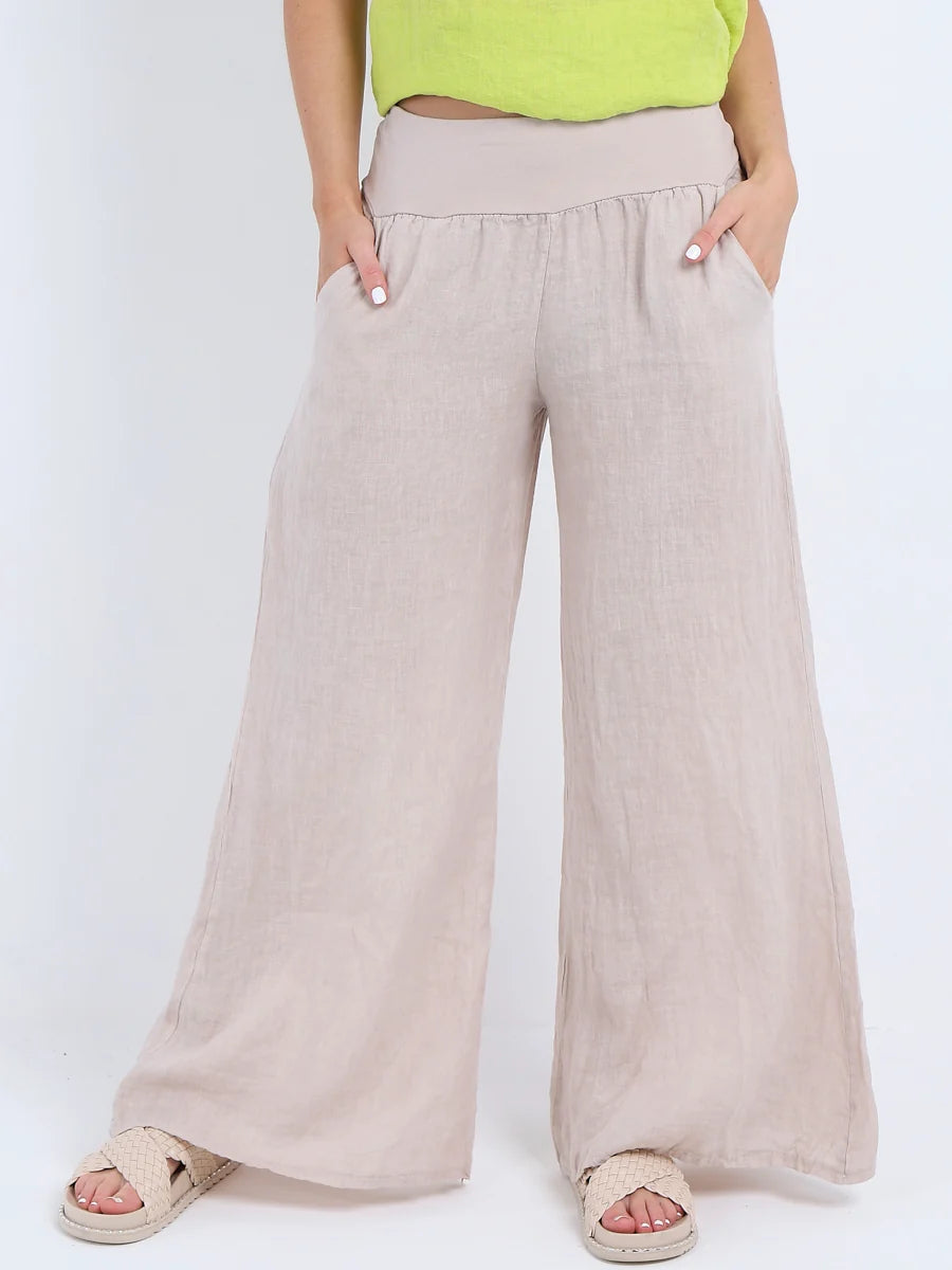 Wide Leg Linen Pants - Beige