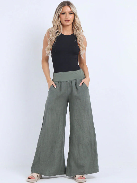 Wide Leg Linen Pants - Khaki