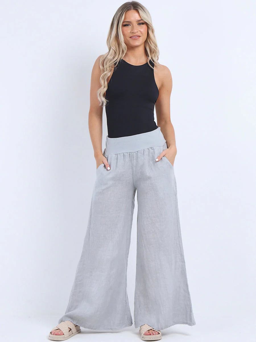 Wide Leg Linen Pants - Silver