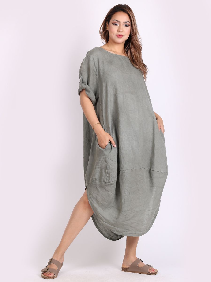 Round Hem Linen Dress - Khaki