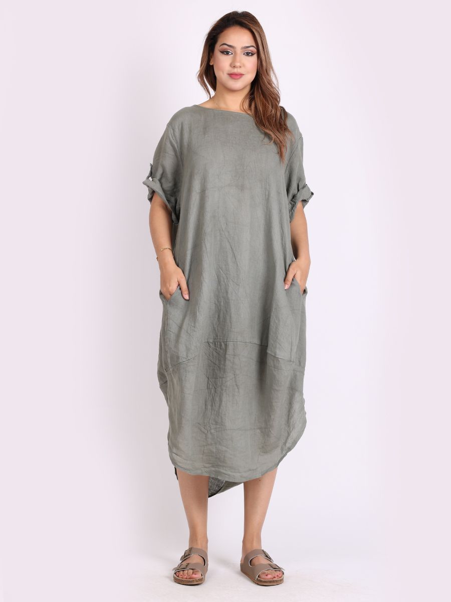 Round Hem Linen Dress - Khaki