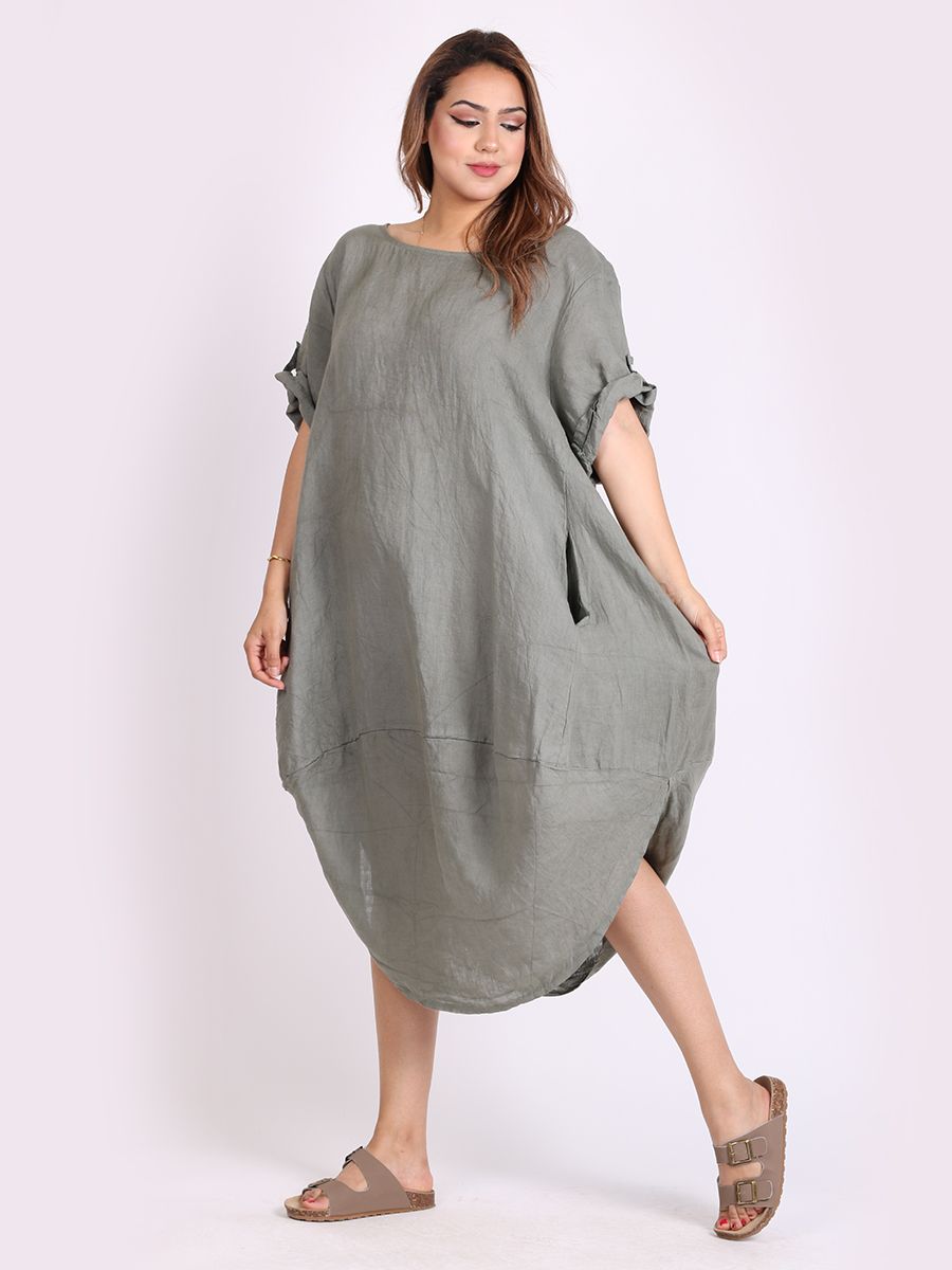 Round Hem Linen Dress - Khaki