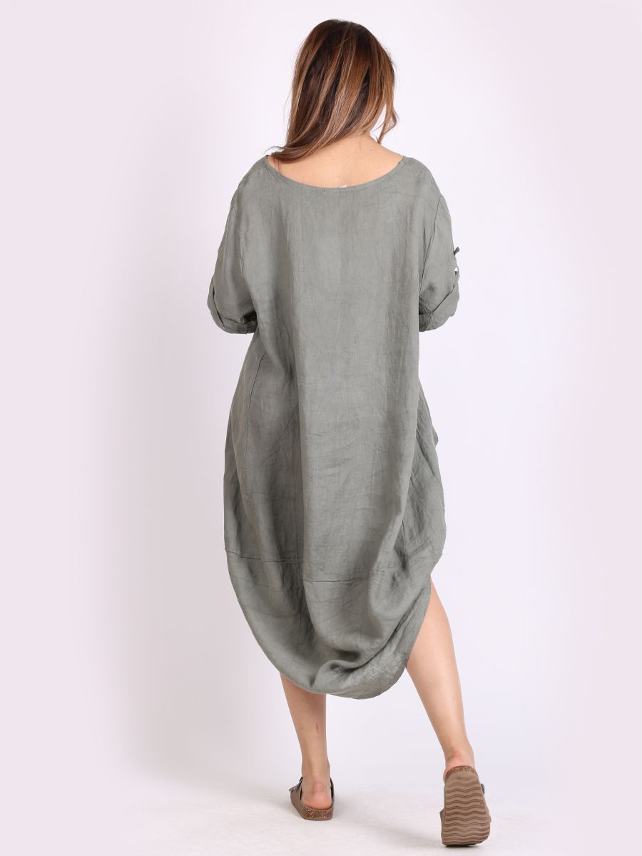 Round Hem Linen Dress - Khaki