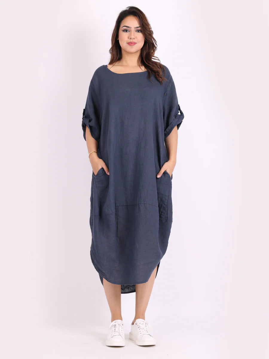 Round Hem Linen Dress - Navy