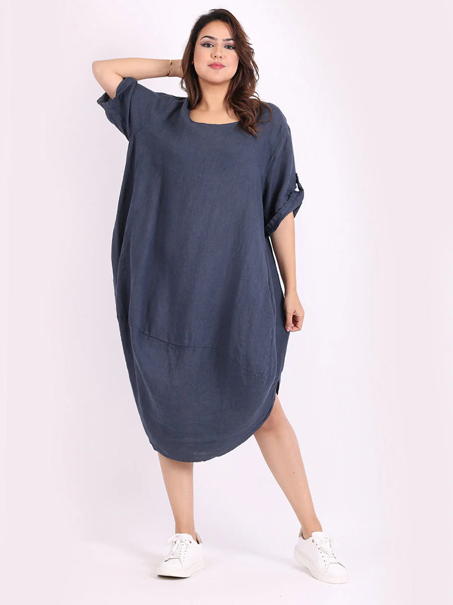 Round Hem Linen Dress - Navy