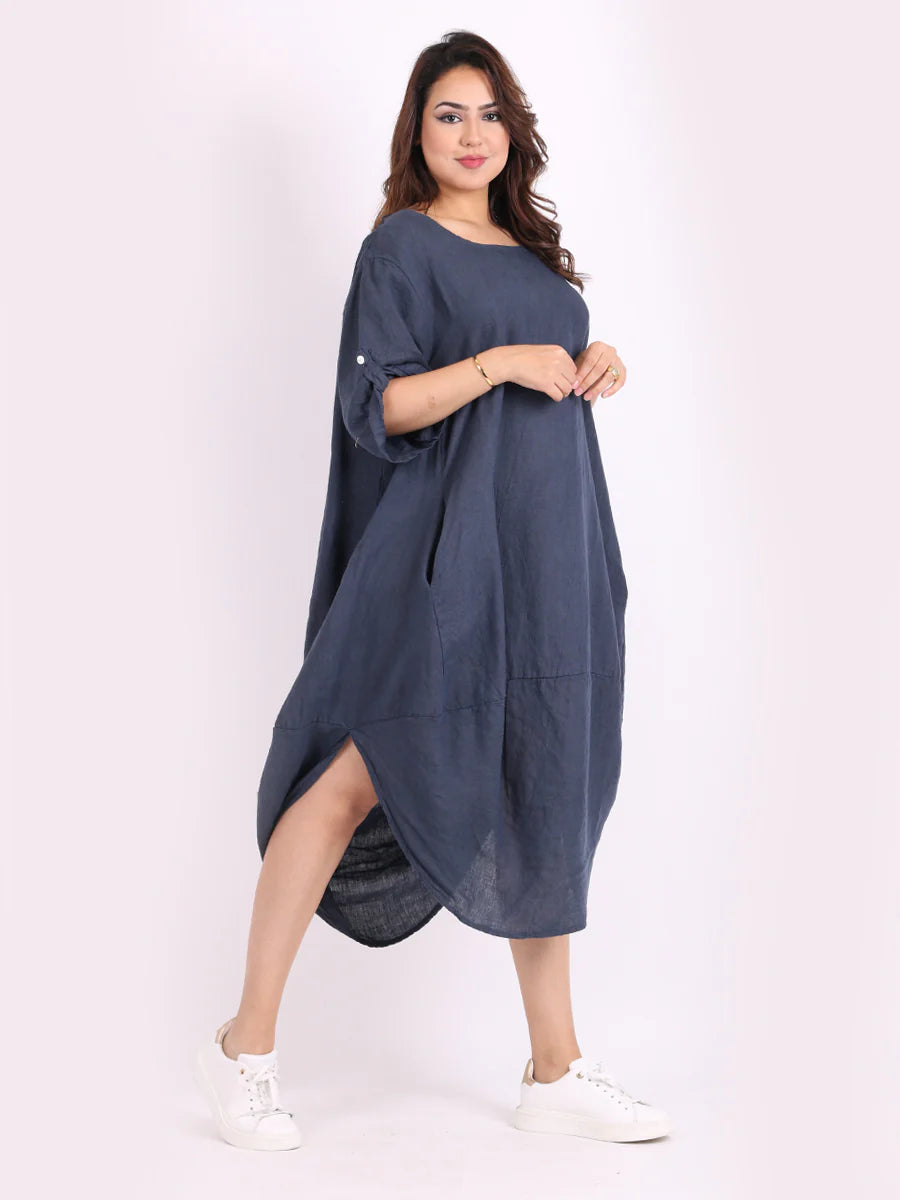 Round Hem Linen Dress - Navy