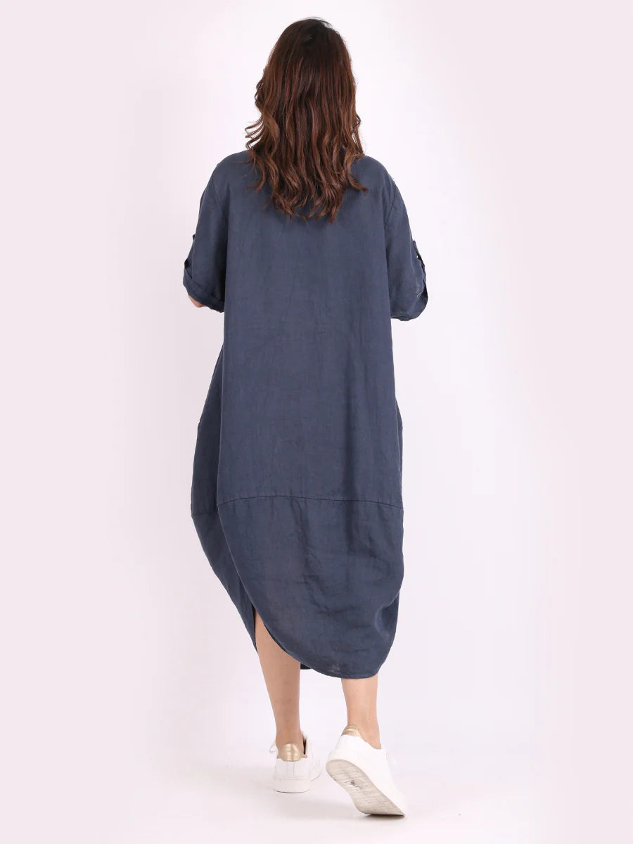Round Hem Linen Dress - Navy