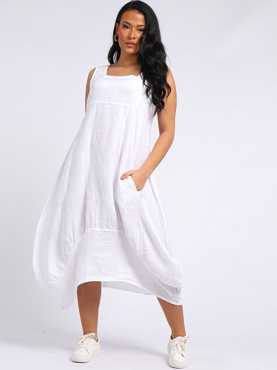 Square Neck Sleeveless Dress - White