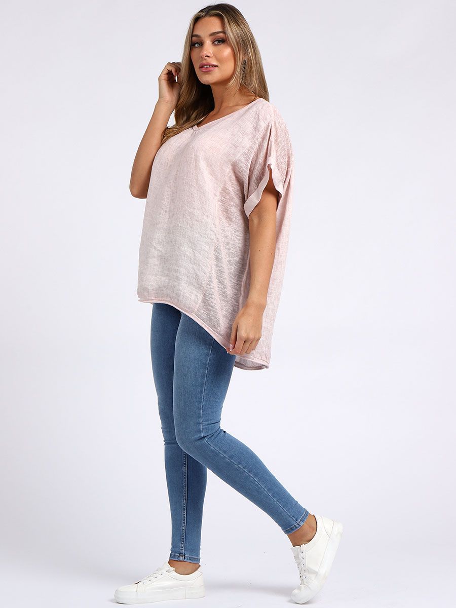 Acid Wash Linen Tee - Pink