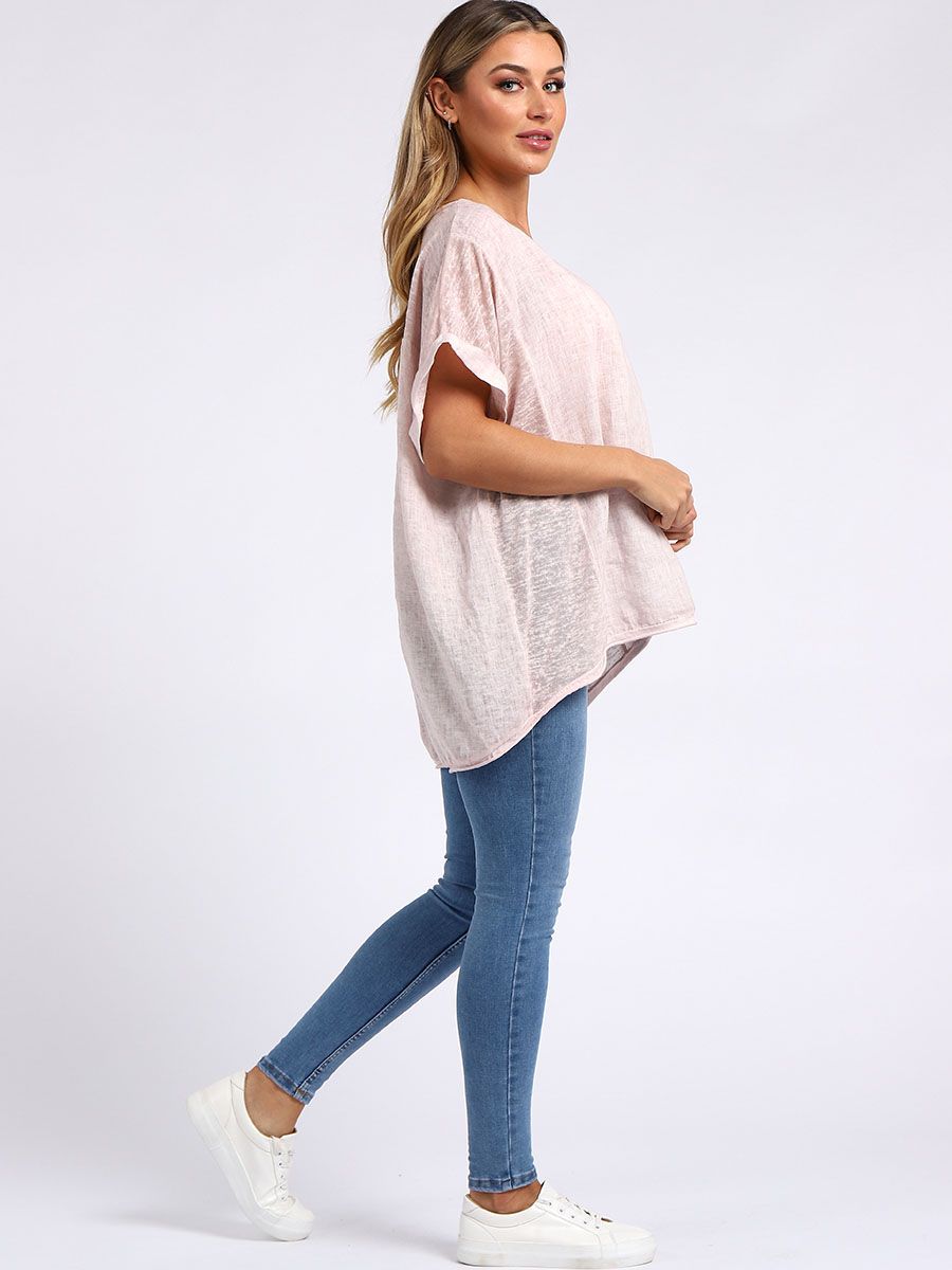 Acid Wash Linen Tee - Pink