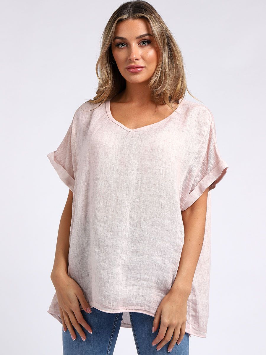 Acid Wash Linen Tee - Pink