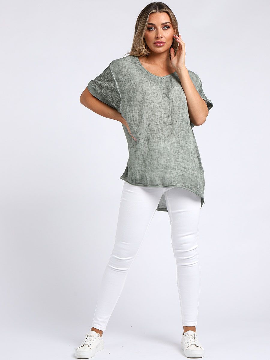 Acid Wash Linen Tee - Khaki
