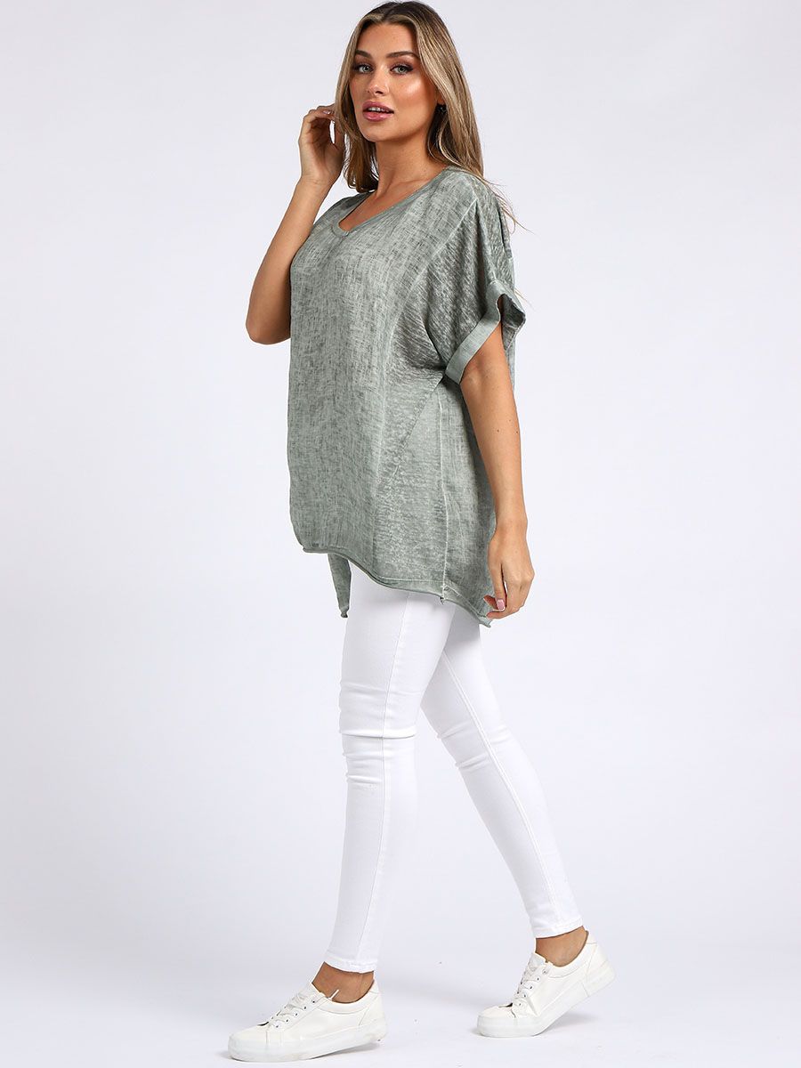 Acid Wash Linen Tee - Khaki