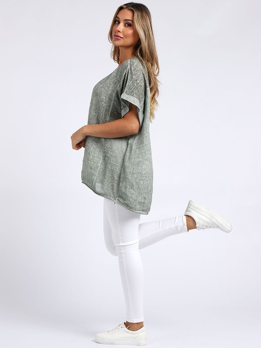 Acid Wash Linen Tee - Khaki